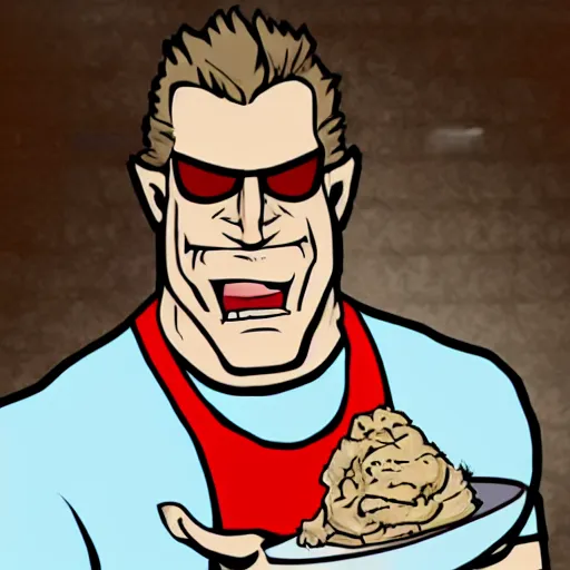 Image similar to Duke Nukem with a plate of mashed potatoes, red shirt, smug look, Duke Nukem art style