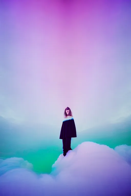 Image similar to high quality pastel coloured film close up wide angle photograph of a model wearing clothing resting on cloud furniture in a icelandic black rock!! environment in a partially haze filled dreamstate world. three point light, rainbow. photographic production. art directed. pastel colours. volumetric clouds. pastel gradient overlay. waves glitch artefacts. extreme facial clarity. 8 k. filmic.