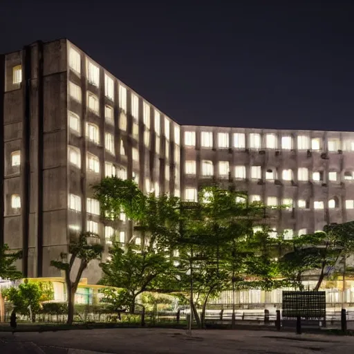 Image similar to a furturistic brutalist complex built in brutalism architecture, ten by ten kilometers large, with lush gardens and forests between the buldings, diverse unique building geometry full of shapes and corners, photography at night