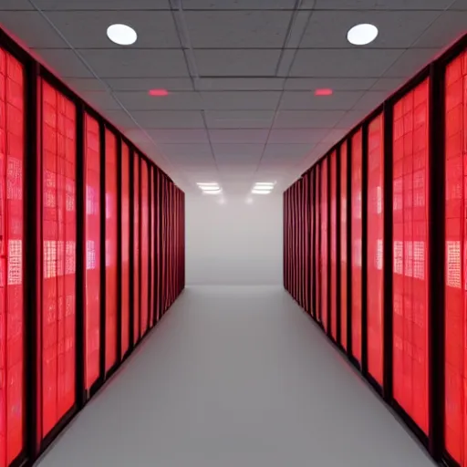 Image similar to server room with red ambient lights, realistic,