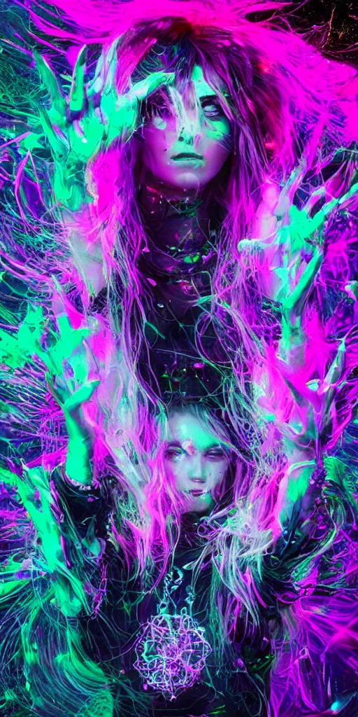 Prompt: impossibly beautiful witch hypnotizing her enemies with dark magic, intricate complexity, psychedelic glitch art, neon paint drip, inverted color scheme, trending on art station, photoreal, 8 k, octane render