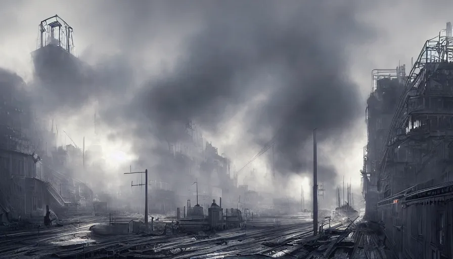 Prompt: Dieselpunk Norilsk city, Kirov reporting, steam, factory plants with dark smoke in the background, epic composition, intricate, elegant, volumetric lighting, digital painting, highly detailed, artstation, sharp focus, illustration, concept art, ruan jia, steve mccurry