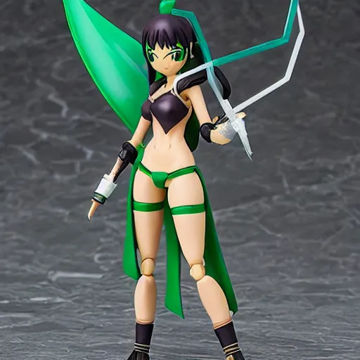 Prompt: league of legends akali as a Figma doll. Posable anime figurine. Kunai-weilding, green facemask, green outfit. PVC figure 12in.