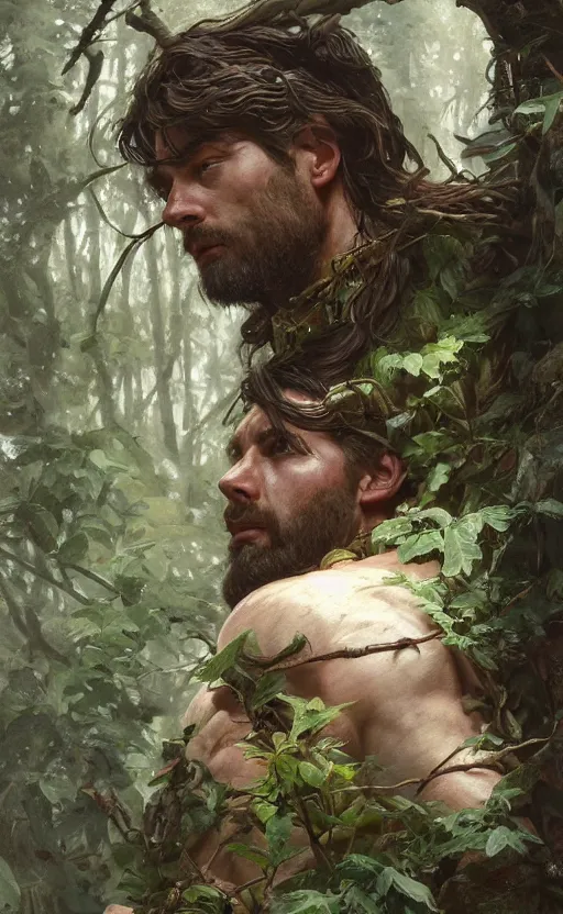 Image similar to god of the forest, 3 0 years old, rugged, handsome, male, detailed face, clean lines, atmospheric lighting, amazing, full body, flowers, muscular, intricate, highly detailed, digital painting, artstation, concept art, sharp focus, illustration, art by greg rutkowski and alphonse mucha