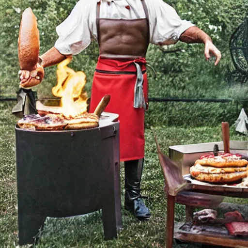 Image similar to candidato photo of conan the barbarian flipping burger on a barbecue. he is wearing an apron with unicorn drawing, and a tutu. photographed by annie leibovitz