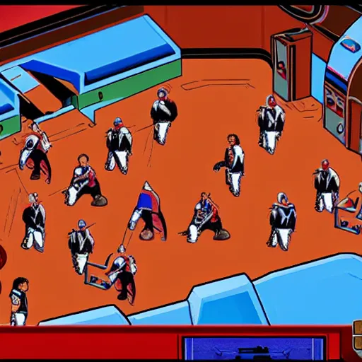 Image similar to screenshot from 1 9 9 0 s point and click star trek game showing a group of characters in red, blue, gold star trek uniforms on an alien planet