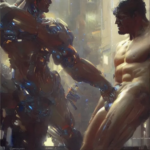 Image similar to muscular male cyborg, muscle, painting by gaston bussiere, craig mullins, greg rutkowski, yoji shinkawa