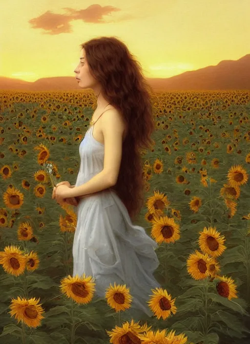 Prompt: oil painting portrait of a young woman with long dark flowing hair in a black dress, standing in a windy field of sunflowers at sunset with mountains in the background, hazy, digital art, chiaroscuro, artstation, cinematic, golden hour, digital art painting by greg rutkowski, bouguereau, 7 0 s japanese book art, hazy atmosphere, flowers, cinematic lighting