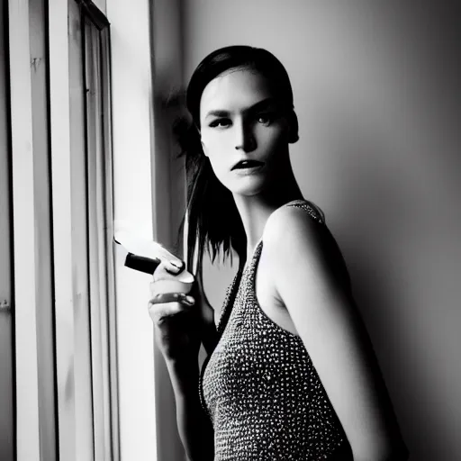 Prompt: black and white fashion photo of a model woman smoking a cigarette by the window