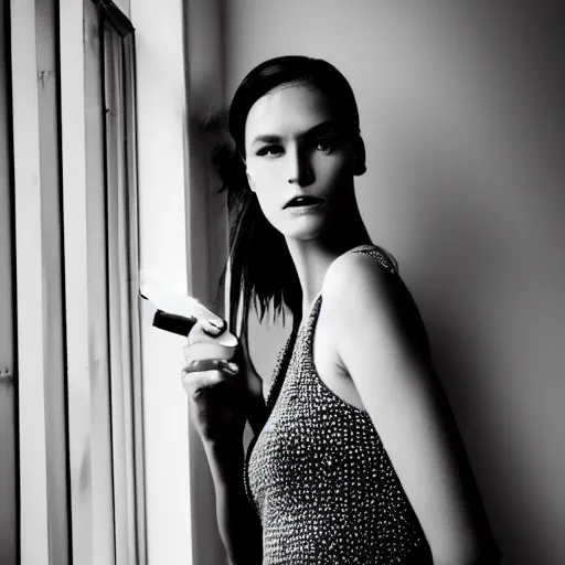 black and white fashion photo of a model woman smoking | Stable ...