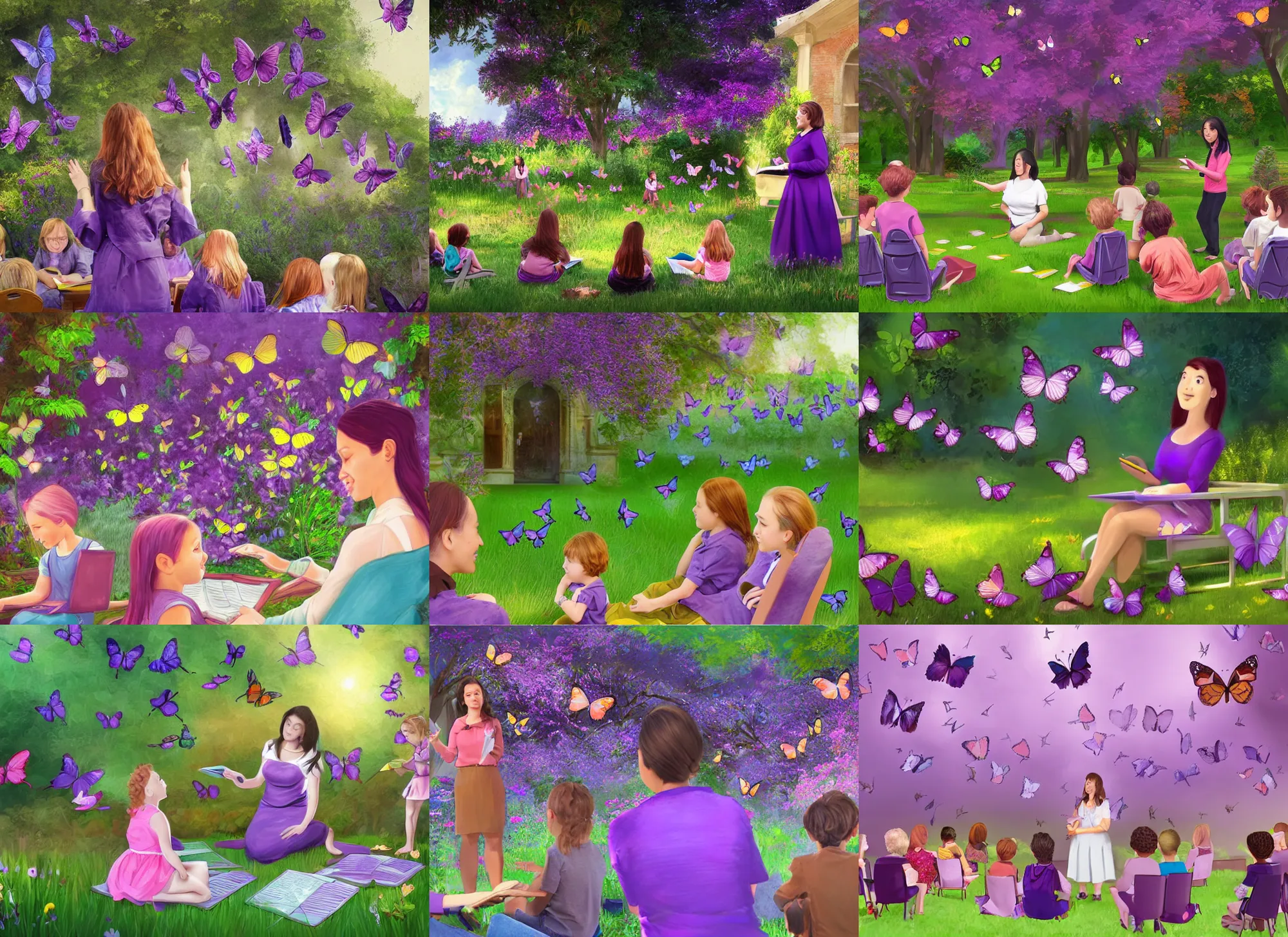 Prompt: a woman teaching a math class in a beautiful garden, purple butterflies fly around the garden and children sit and pay attention to the teacher, digital art, cgsociety, night like colors