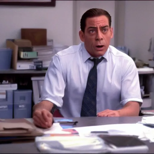 Image similar to Jean Claude Vandamme as Michael Scott on the office, cinematic still, high quality,