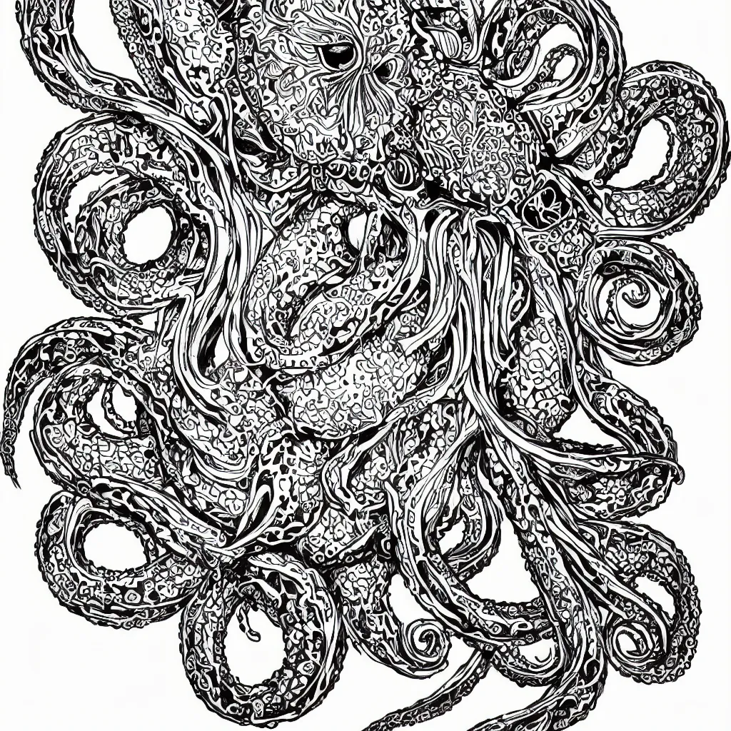 Prompt: tattoo design. line drawing. symmetric octopus. intricate