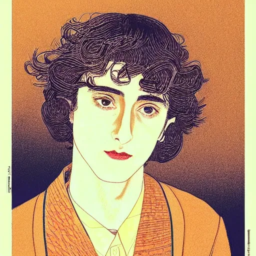 Image similar to “ timothee chalamet portrait by ikenaga yasunari and ayana otake and ko rakusui, 6 0 s poster, drawing, realistic, sharp focus, japanese, dreamy, nostalgia, faded, golden hues, floral clothes ”