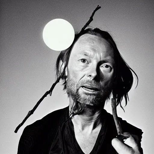 Image similar to aged Thom Yorke, Radiohead singer Thom Yorke, holding the moon upon a stick, with a beard and a black jacket, a portrait by John E. Berninger, dribble, neo-expressionism, uhd image, studio portrait, 1990s