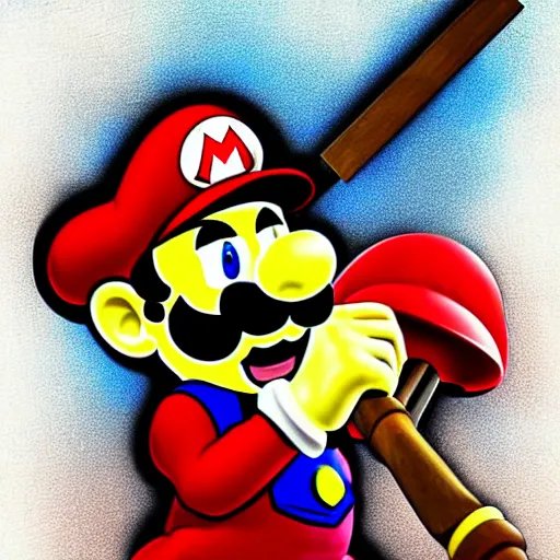 Image similar to master chef deflects mario's hammer with a shield, digital art