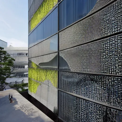 Prompt: architectural photography of nature meets architecture concept office buildings using glass, wood and concrete, architecture by Kengo Kuma, natural light