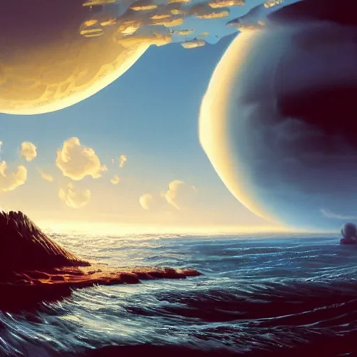 Image similar to beautiful matte painting of a dreamy ocean with clouds, sci - fi, daylight, blue sky, cinematic lighting, cinematic perspective, black planet above, syd mead, john harris, federico pelat, detailed, 4 k, hd