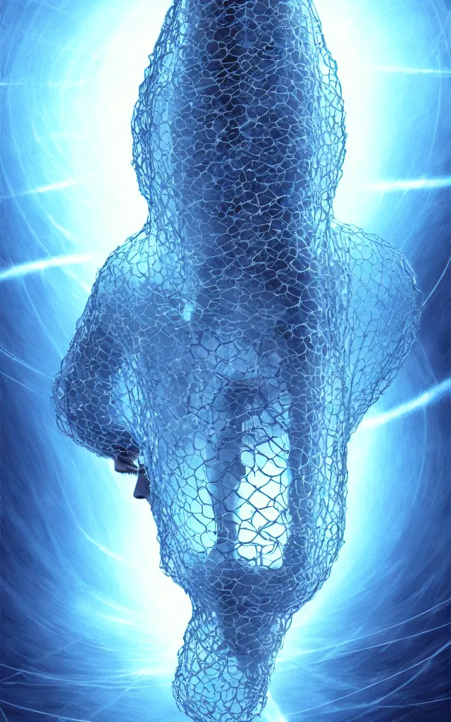 Prompt: human wrapped in a neural mesh cocoon plugged spirit machine, perfect future, award winning scifi art