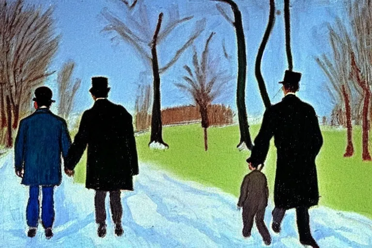 Prompt: a very tall man named John with dark hair holding the hands of a short young boy named Alex with dark hair as they walk in a park on a bright beautiful winter day. part in the style of an edgar degas painting. part in the style of david hockney