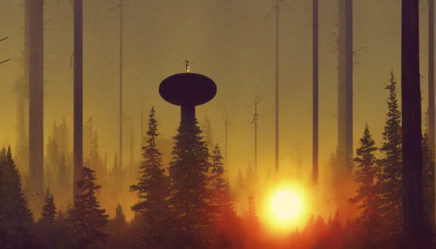 Image similar to space antenna in the foreground, sun in the sky, early morning, forest in the background, simon stalenhag