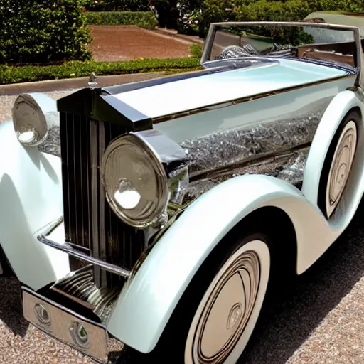 Prompt: an art deco rolls royce made of mother - of - pearl, nautilus shell