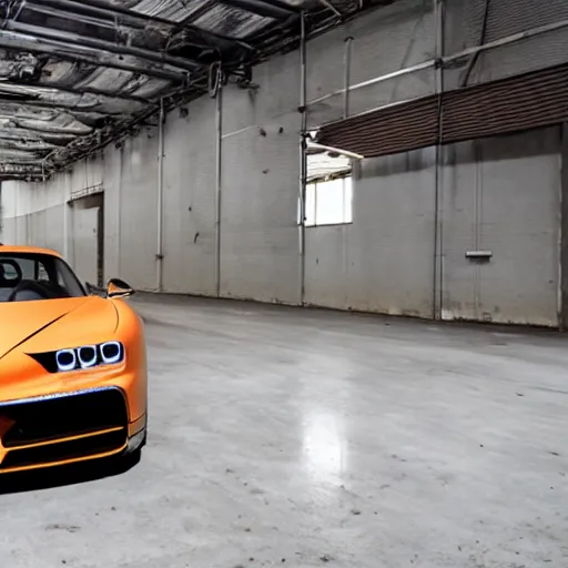 Image similar to an abandoned, derelict, rusty bugatti chiron in a dirty warehouse