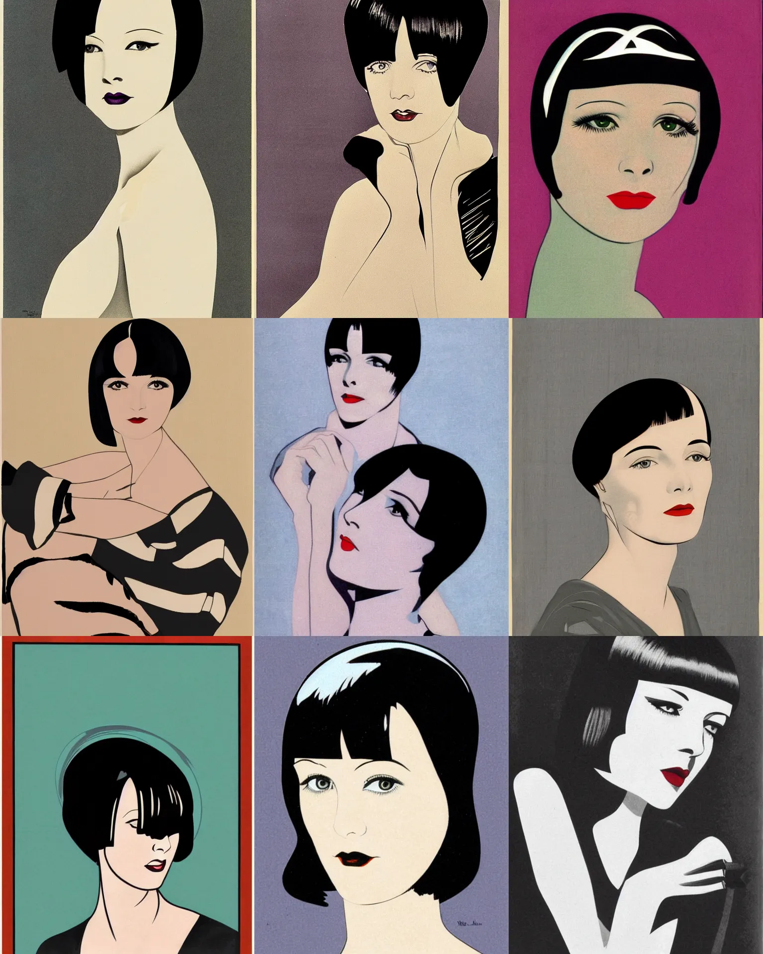 Prompt: Mary Louise Brooks 25 years old, bob haircut, shocked!, portrait by Patrick Nagel, 1920s,