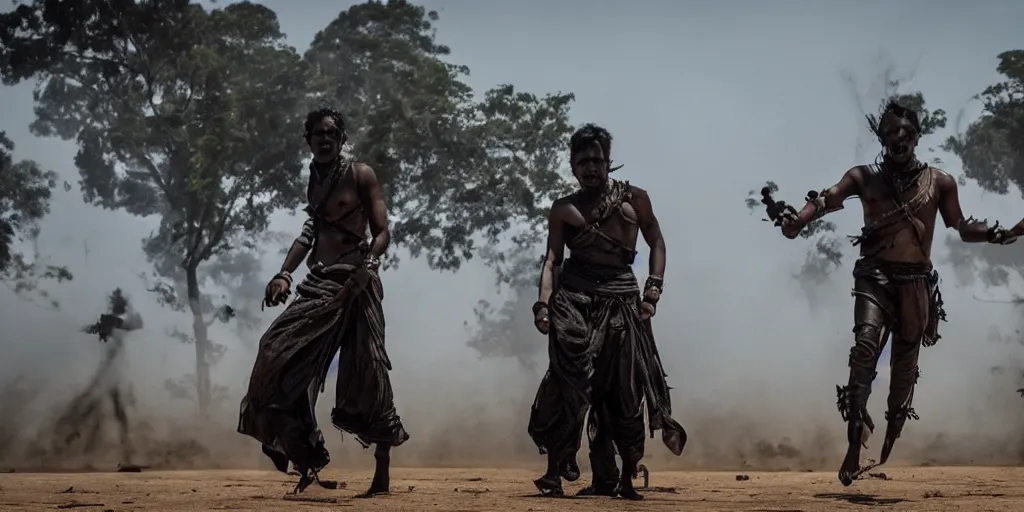 Image similar to sri lankan mad max style, dancing, film still, epic shot cinematography, rule of thirds