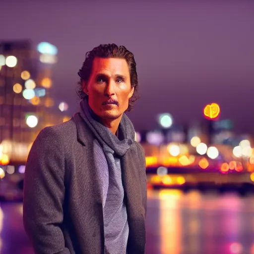 Image similar to a still of Mathew McConaughey. Close up. Shallow depth of field. City at night in background, lights, colors ,studio lighting, mood, 4K. Profession photography