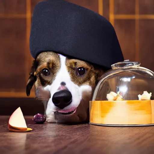 Prompt: dog trying to eat apple core under on a butler cloche dome