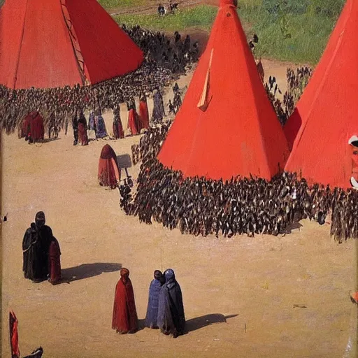 Prompt: dahomey officials with flat colorful umbrellas gather nearby tall red teepee in ahomey's huge main square, from above, 1905, highly detailed, oil on canvas, by ilya repin