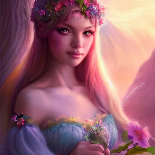 Image similar to enchanted fairy princess, detailed matte fantasy painting, warm morning light, character art portrait, deviantart artstation, by artgerm, by ross tran, by lisa frank