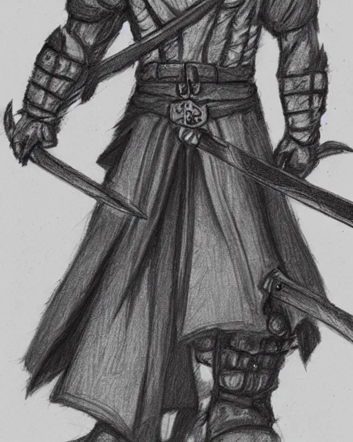 Prompt: a pencil concept art of a D&D character, holding a sword mad by Pen Tacular