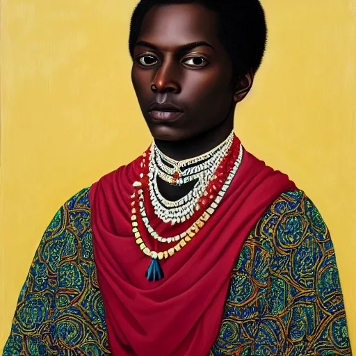 Image similar to A portrait of a slender stylish and attractive non-binary person, dark skin tone, Indian, oil painting by Kehinde Wiley, majestic, detailed, high resolution