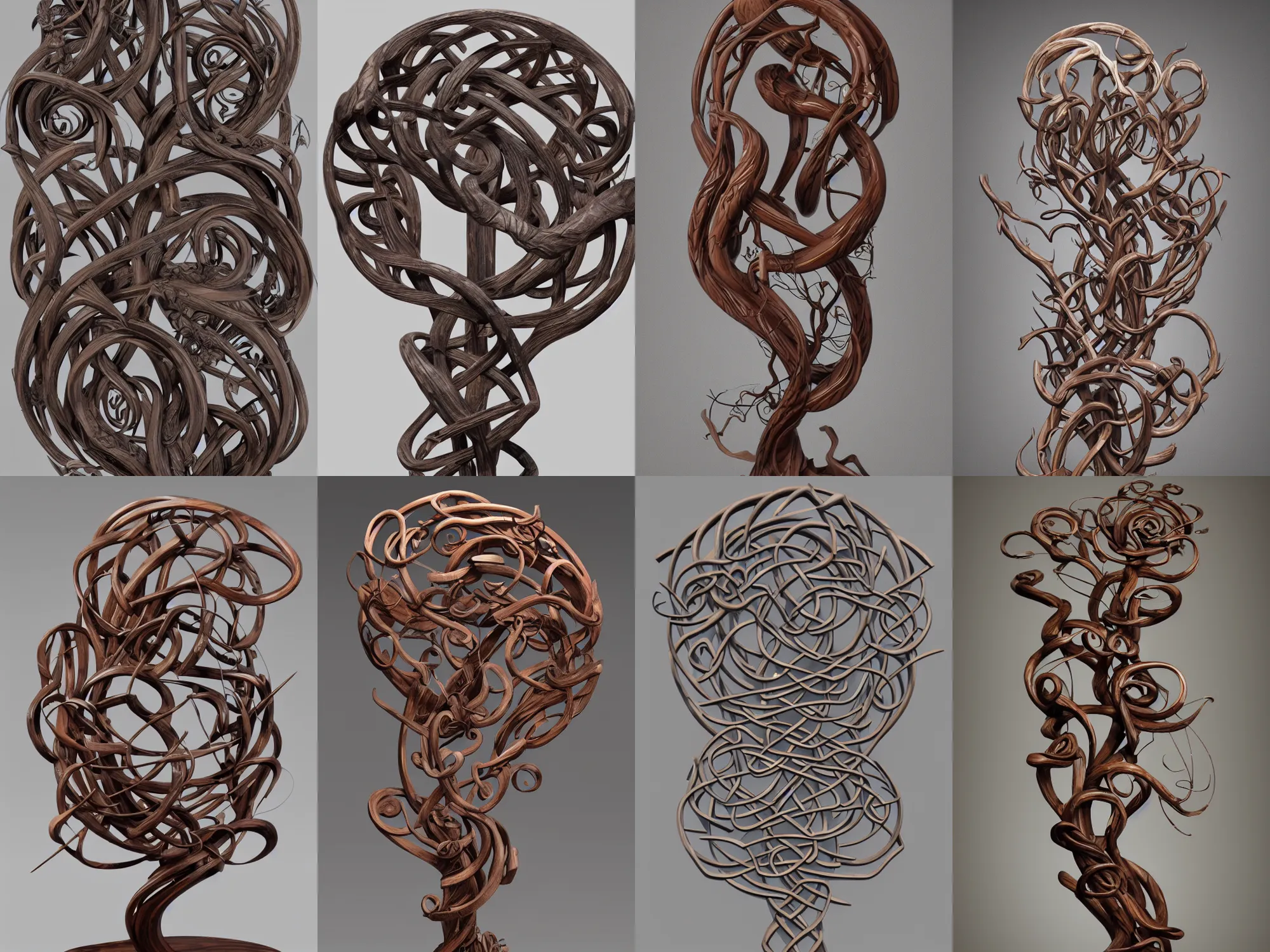 Prompt: full view of a swirling wood celtic sculpture, a few branches and leaves growing on the sculpture , light grey background, art by James Jean and Wayne Barlowe, high detail, cinematic, cgsociety 8k