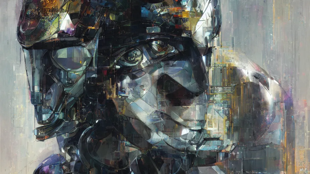 Image similar to a portrait of cyber - dog of sci fi metallic human by yoji shinkawa bright eyes, melancholic complex geometric figure liminal machinery by oskar schlemmer, moebius, john berkey, film grain, oil on canvas, portrait facial head, featured on artstation, hd wallpaper, 8 k