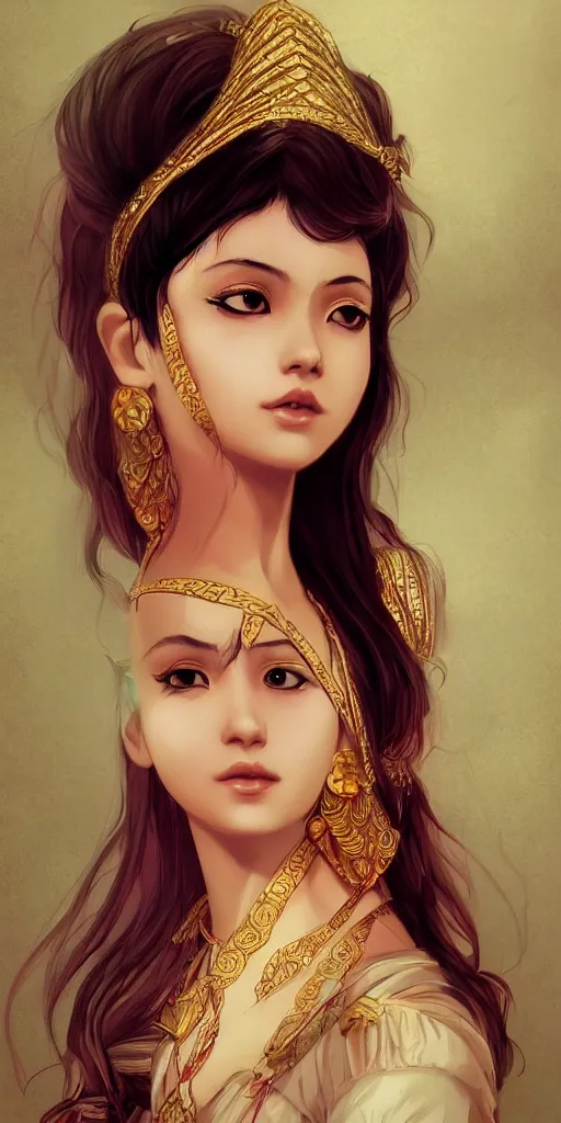 Prompt: Beautiful Assamese dancer, cute natural anime face, intricate, elegant, highly detailed, digital painting, artstation, concept art, smooth, sharp focus, illustration, art by charlie bowater