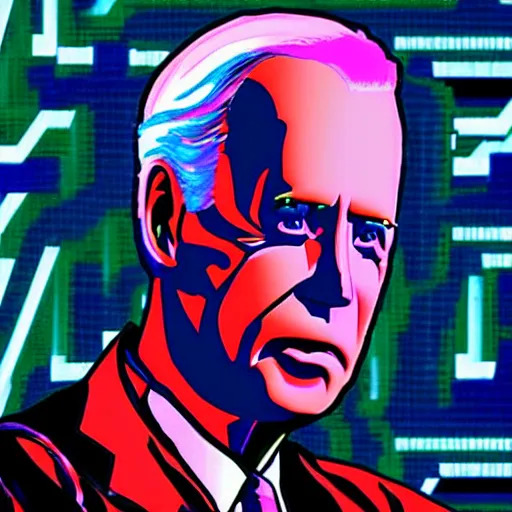 Image similar to A cyberpunk cybernetically-enhanced android Joe Biden giving a speech to a city, pop art, synthwave, painting