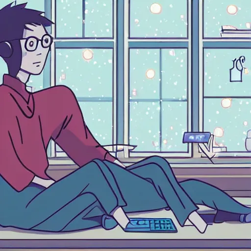 Image similar to a skinny computer nerd guy sitting on the floor of his room, crossed legs, laptop, smartphone, video games, tv, books, potions, jars, shelves, knick knacks, tranquil, star charts, calm, sparkles in the air, magic aesthetic, fantasy aesthetic, faded effect, by Studio Ghibli, howls moving house inspired, detailed, intricate,