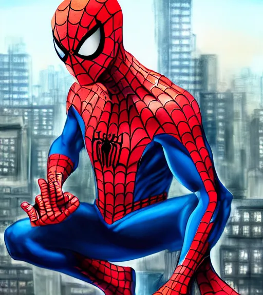 Prompt: full body portrait spiderman by yusuke murata and masakazu katsura and zack snyder, artstation, highly - detailed, detailed!, cgsociety, pencil and ink, city in the background, symmetric body, dark colors, detailed hands