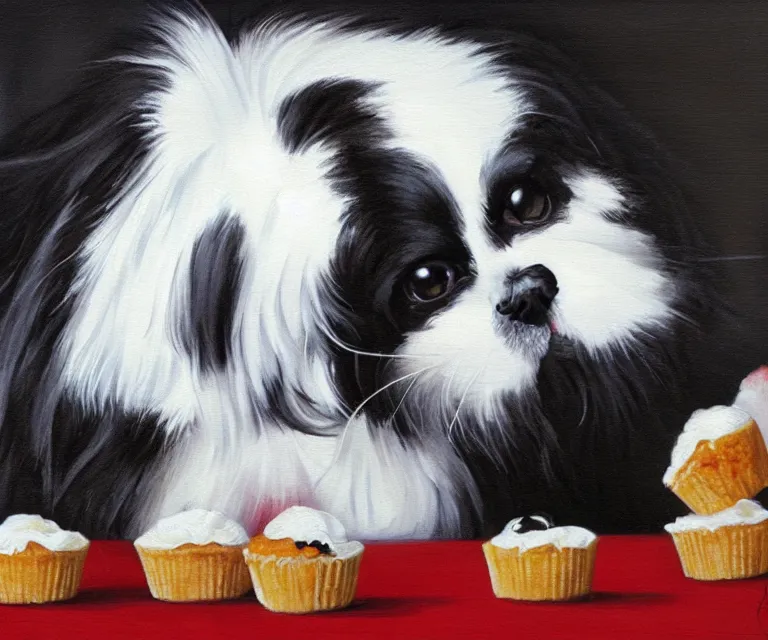 Prompt: white and black japanese chin dog eating cherry muffins, oil painting