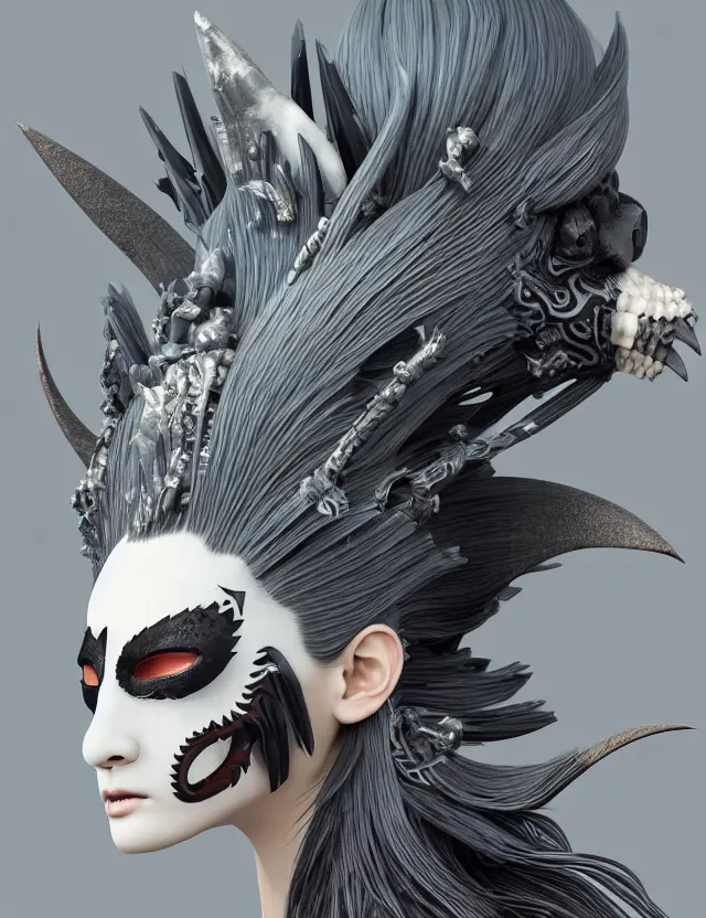 Image similar to 3 d goddess close - up profile simple portrait punk with mohawk with goat skull. beautiful intricately detailed japanese crow kitsune mask and clasical japanese kimono. betta fish, jellyfish phoenix, bio luminescent, plasma, ice, water, wind, creature, artwork by tooth wu and wlop and beeple and greg rutkowski