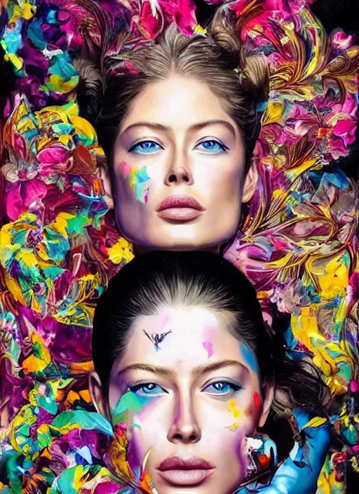 Prompt: beautiful painting of doutzen kroes, contemporary, colorful acrylic, airbrush painting, realistic portrait by kehinde wiley and archan nair [ hyperrealism ]!!!!!!!