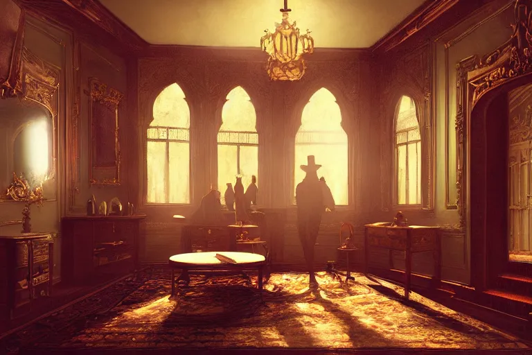 Image similar to an ornate victorian house interior, party inside, scene inside. 1 8 9 0, key visual, conceptart, ambient lighting, highly detailed, digital painting, artstation, concept art, sharp focus, by makoto shinkai and akihiko yoshida and greg manchess