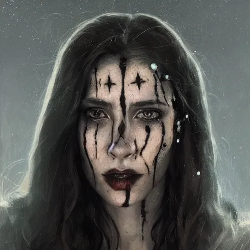 Image similar to portrait of an woman by Greg Rutkowski, she is about 20 years old, pretty, long brown wavy hair, tribal tattoos on her face, scar near her mouth that makes her look like she's smiling all the time, wearing black sith robes, Star Wars Expanded Universe, highly detailed portrait, digital painting, artstation, concept art, smooth, sharp foccus ilustration, Artstation HQ