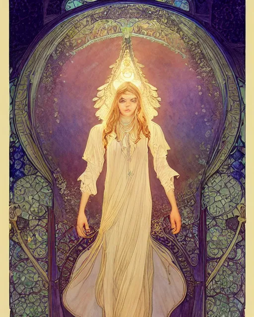 Image similar to an angel, highly detailed, very intricate, art nouveau, gold filigree, romantic storybook fantasy, soft cinematic lighting, award - winning, disney concept art watercolor illustration by mandy jurgens and alphonse mucha and alena aenami, pastel color palette, featured on artstation