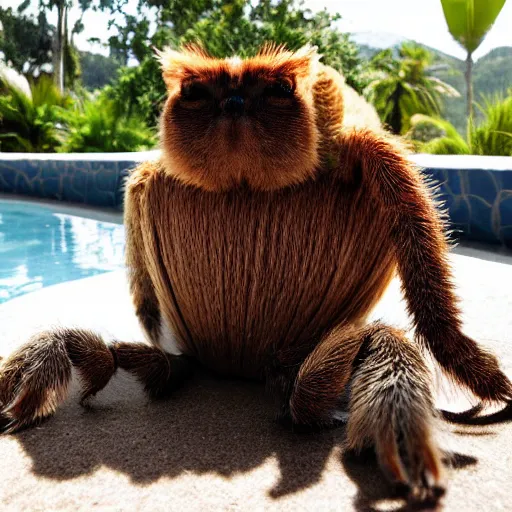 Prompt: a giant tarantula with a cute brown cat head, relaxing in a lounge chair next to a swimming pool