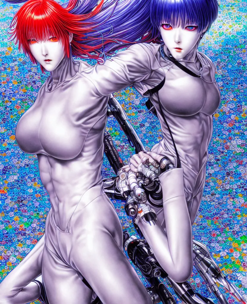 Image similar to realistic detailed image of ultra mega rainbow, realistic detailed female character, rei ayanami, symmetrical, depth perception, masterpiece, depth of field, action horror, gothic, vivid colors. art by yoshitaka amano, by yukito kishiro, by yoshiyuki sadamoto, by artgerm, by hajime sorayama