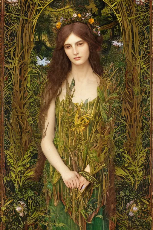 Image similar to beautiful antlered priestess of the forest in a garden | pre-Raphaelites | green and gold silk brocade| floral embroidery |dramatic lighting | Evelyn De Morgan and John Waterhouse |unreal engine